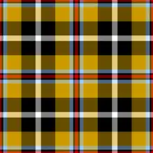 A square consisting of crossed lines of vivid colours. Yellow and black form thick, crossed lines producing large squares of colour, intersected by thinner lines of white, blue and red. The design is symmetrical and repeating.