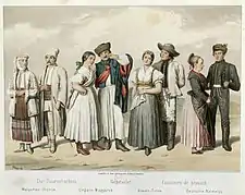 Traditional Romanian peasant costumes to the left, followed from left to right by Hungarian, Slavic, and German ones