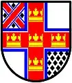 Argent, on a cross gules, cottised azure, five coronets erablé or; in the first quarter, a cross saltire gules, cottised interlaced azure, cantoned by four lozenges sable, the fourth quarter semy of lozenges sable.  Another example