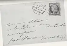 Back of a letter, bearing the following cancellation: "Saint-Denis-sur-Seine (60) May 15th 1871". It is addressed to : "Monsieur Milliet à la Colonie de Condé sur Vesgre."