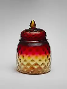 Covered jar, blown Amberina glass, 1883–1888