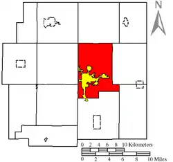 Location of Crane Township (red) in Wyandot County, next to the city of Upper Sandusky (yellow)