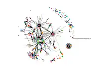 A graph showing a small part of a UK Web Archive website crawl. Every circle is a different website, and every line represents a link that was followed between websites. The size of the circle represents how many pages were visited from that site, and the width of the line represents the number of links followed.