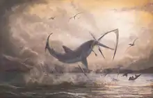 Digital painting depicting a C. mantelli shark breaching to catch a Pteranodon pterosaur