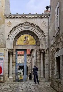 Mosaic above the entrance portal of the Euphrasian Basilica in Poreč (6th century)