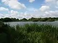 View westward across the main, western lake at Croxall, which is about 11 hectares in area. The Tame lies below the embankment on the far side of the lake.