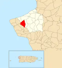 Location of Cruces within the municipality of Aguada shown in red