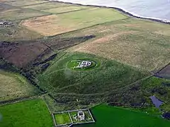 Aerial view of Cobbie Row's Castle and below, St. Mary's Chapel