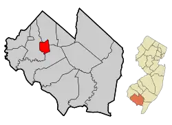 Location of Bridgeton in Cumberland County highlighted in red (left). Inset map: Location of Cumberland County in New Jersey highlighted in orange (right).