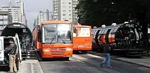 Bus lane of the pioneer Rede Integrada de Transporte in Curitiba, Brazil