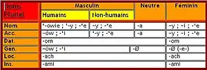 A table with headings in French showing plural noun declensions;  the caption links to a text equivalent.