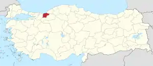 Düzce highlighted in red on a beige political map of Turkeym