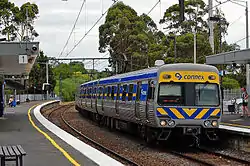 North-west view from Platform 1, with a Comeng train arriving on Platform 2, in January 2007