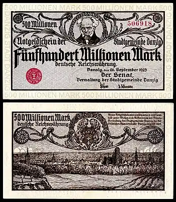 Schopenhauer depicted on a 500 million Danzig papiermark note (1923)