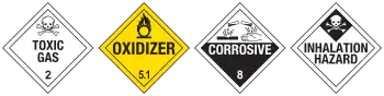 4 diagonal placards with warnings, poison, corrosive, inhalant, oxidant