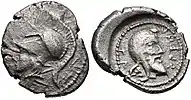 Coin of King Arbinas, wearing the Persian cap on the reverse. Circa 430/20-400 BC