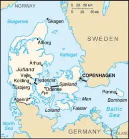 Map shows Denmark, including the Jutland peninsula and the islands of Sjaelland and Fyn.