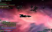 A black spaceship backlit by a pink cloud in space. Several other ships gather in the distance.