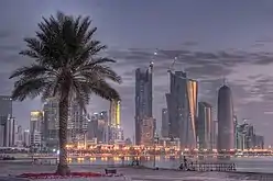 View of West Bay from the Doha Corniche on a cloudy night