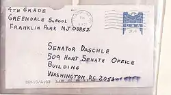 Image 46A letter sent to Senate Majority Leader Tom Daschle containing anthrax powder caused the deaths of two postal workers. (from History of New Jersey)