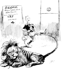 A New Zealand rugby player kicking a football while twisting the tale of a lion.