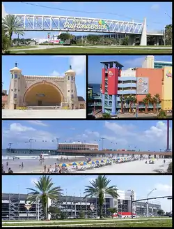 From top, left to right: Welcome sign when entering Daytona Beach; Daytona Beach Bandshell; Ocean Walk Shoppes; Daytona Beach Pier; Daytona International Speedway