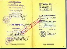 An East German visa with a stamp from Wartha from the 1970s.