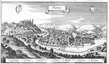 Engraving of the town and castle from 1656