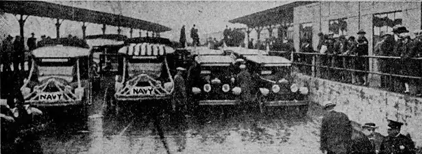 Scene at the station for the arrival of the 1926 Navy Midshipmen football team in November 1926 ahead of the Army–Navy Game at Soldier Field