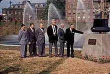 Roger E. Barrett Jr. (ctr), William Skinner II (2nd right), and Mayor Samuel Resnic (right) dedicate Holyoke Water Power Park with employees of the Holyoke Water Power Company, 1960