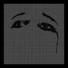 Across a black background is a display of 12,995 white dots. Patterned into this sheet of white dots are a pair of eyes and eyebrows above them; the right eye appears to have a tear falling from it.