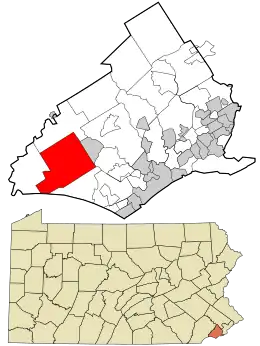 Location in Delaware County and the state of Pennsylvania.