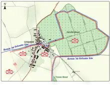 Colour map image depicting town and wood to the right of the town. Shows main access routes and positions of Allied and German forces on 15 July 1916