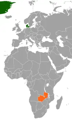 Map indicating locations of Denmark and Zambia