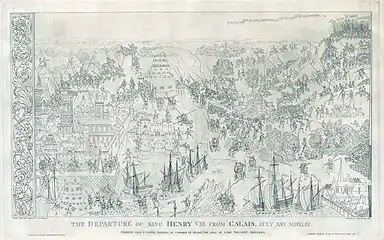 The Departure of King Henry VIII from Calais, on 25th July 1544, Subtitled 'The Meting of the Kinge by S'r Antony Brown Upon the Hill Betweene Callis and Morguison