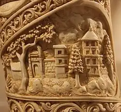 Depiction of Kapilavastu, where prince Siddharatha lived The first roundel shows mountains, flora-fauna and architecture which gives the impression of a town probably Kapilavastu.