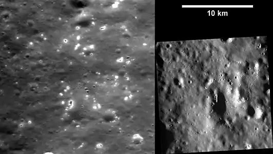 Hollows within western Derzhavin crater, shown at two different angles of illumination