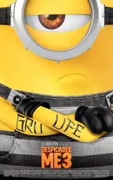 A minion with one eye wearing black-and-white striped denim overalls, with a tattoo that reads "GRU LIFE" around his arms.