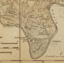 Detail from John Rocque's 1757 map of Middlesex, showing the enclosure of Bushy Park, the Longford River, the settlement of Hampton, and fields to the northwest.