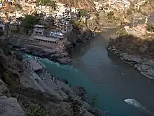 The Bhagirathi (left) joins the Alaknanda (right) at Devprayag