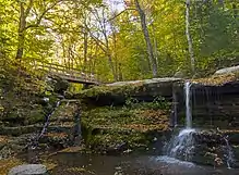 A wooden bridge crossing a stream just above a small waterfall, in a forest with many trees in autumn color