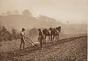 sepia color photogravure of a photograph of two men ploughing a field