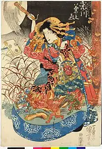 Utagawa Kuniyoshi, Scene from a kabuki play. The kabuki actor Nakamura Shikan (Utaemon IV) as Ikkyu Taro (left) holding down an opponent, extends his sword towards Segawa Kikunojo (right) as the courtesan, Jigoku-dayu