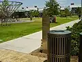 An entrance, with the George R. Brown convention center in the background