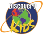 The logo of a Latin American children's TV channel, showing a planet followed by the word "Discovery" in a white font and the word "Kids" in yellow.