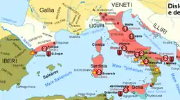 a colour map of the Iberian peninsula showing the areas controlled by Rome and Carthage