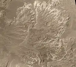 Probable delta in Eberswalde crater that lies to the NE of Holden crater, as seen by Mars Global Surveyor.  Image in Margaritifer Sinus quadrangle.