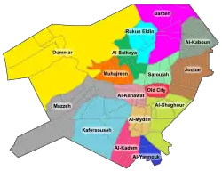 Rukn al-Din depicted as Rukun Eldin on a map of the municipalities of Damascus