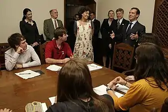 Russian President Dmitry Medvedev meets with students in the Russian Room on September 24, 2009.