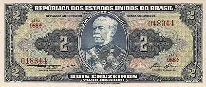 Cr$2 note, portraying the Duke of Caxias.